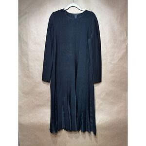 Karen Millen Black Ribbed Knit Pleated Midi Dress Long Sleeve Sheer Mesh Size L
